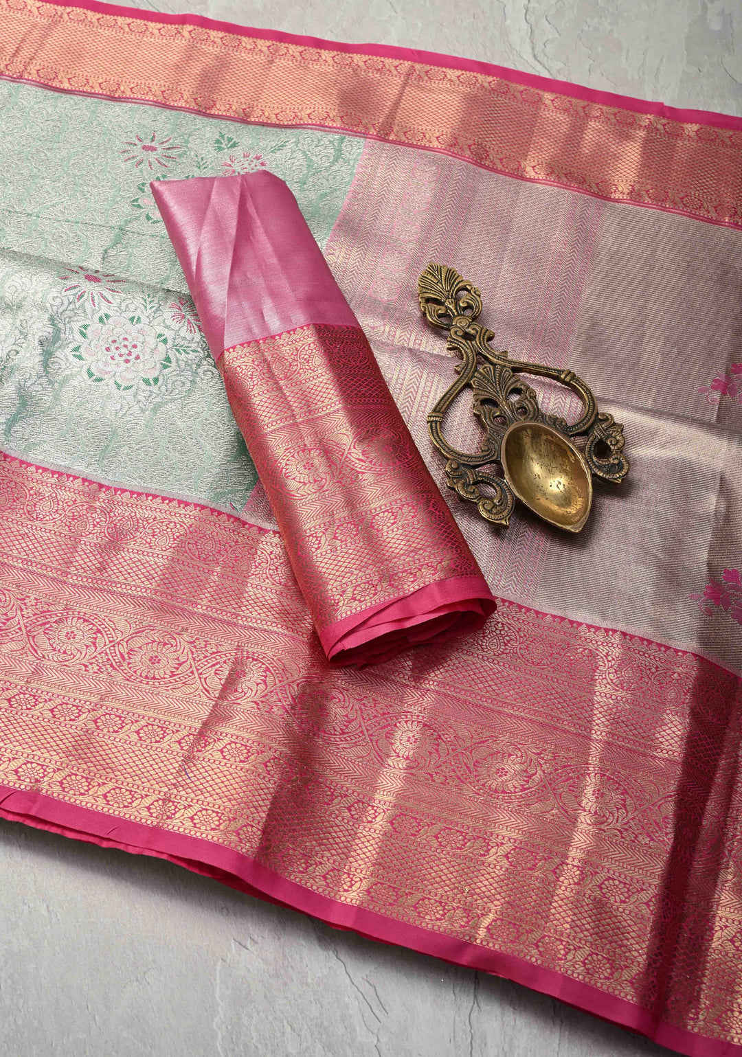 Green Brocade on Kanjivaram Tissue Semi Silk Saree with Meenakari Buttas and Contrast Zari Border