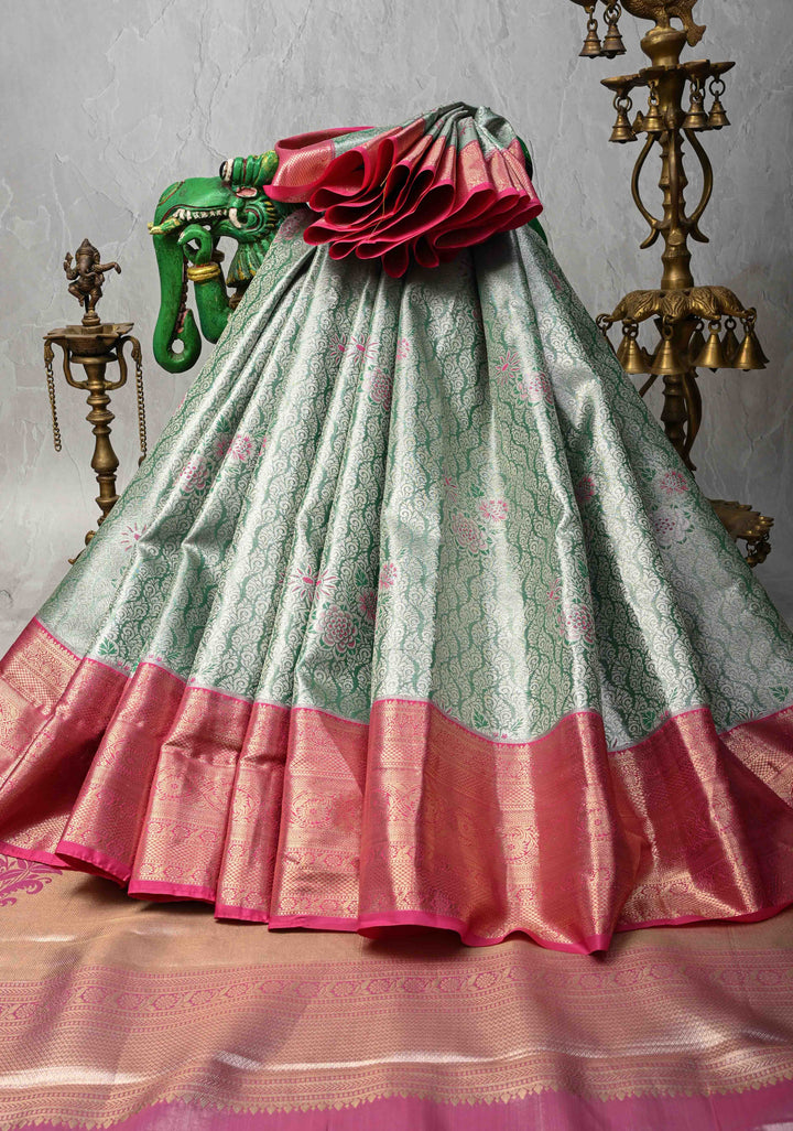 Green Brocade on Kanjivaram Tissue Semi Silk Saree with Meenakari Buttas and Contrast Zari Border