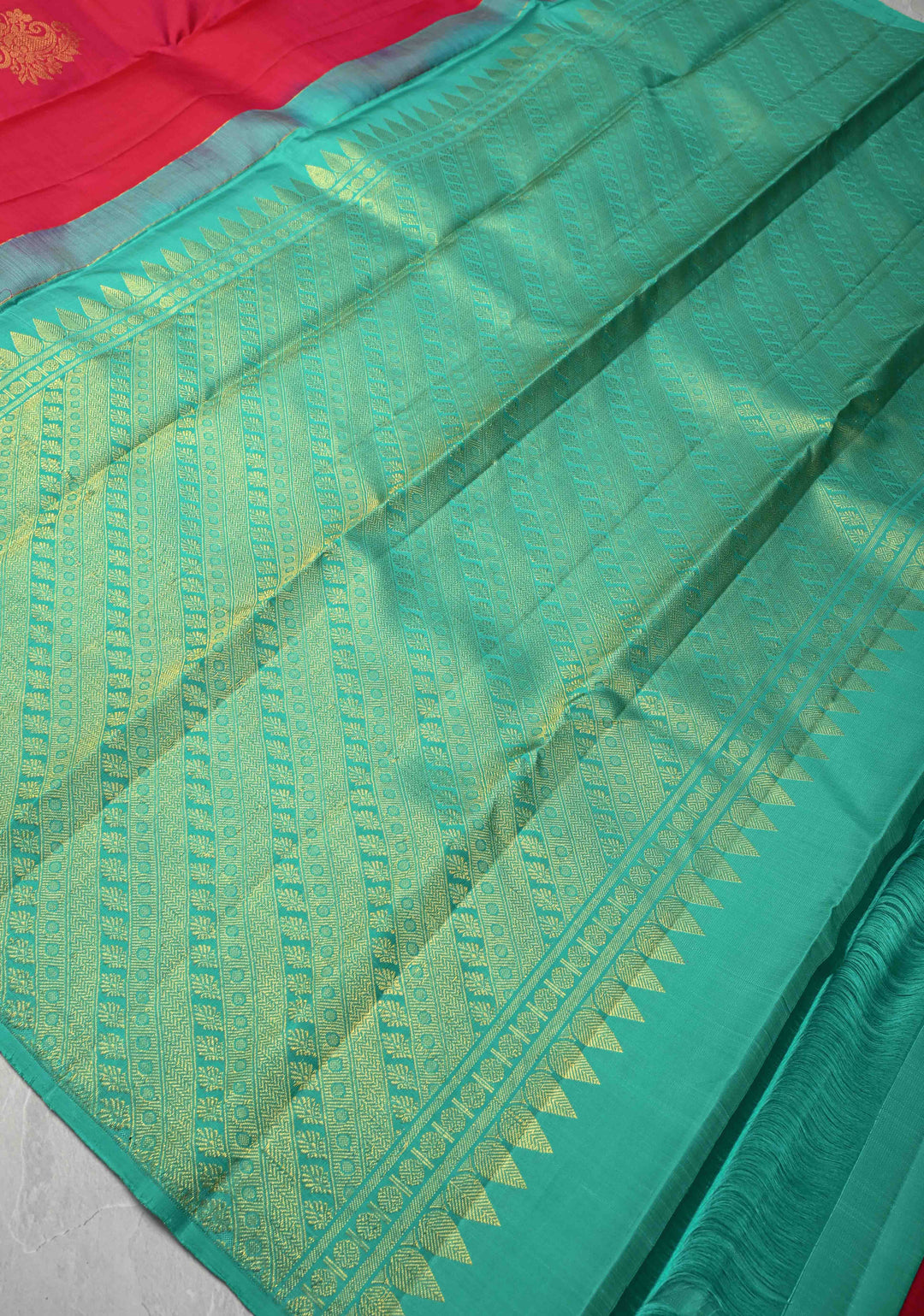 Rani Pink Borderless Kanjivaram Silk Saree with Zari Motifs and Contrast Pallu | SILK MARK CERTIFIED