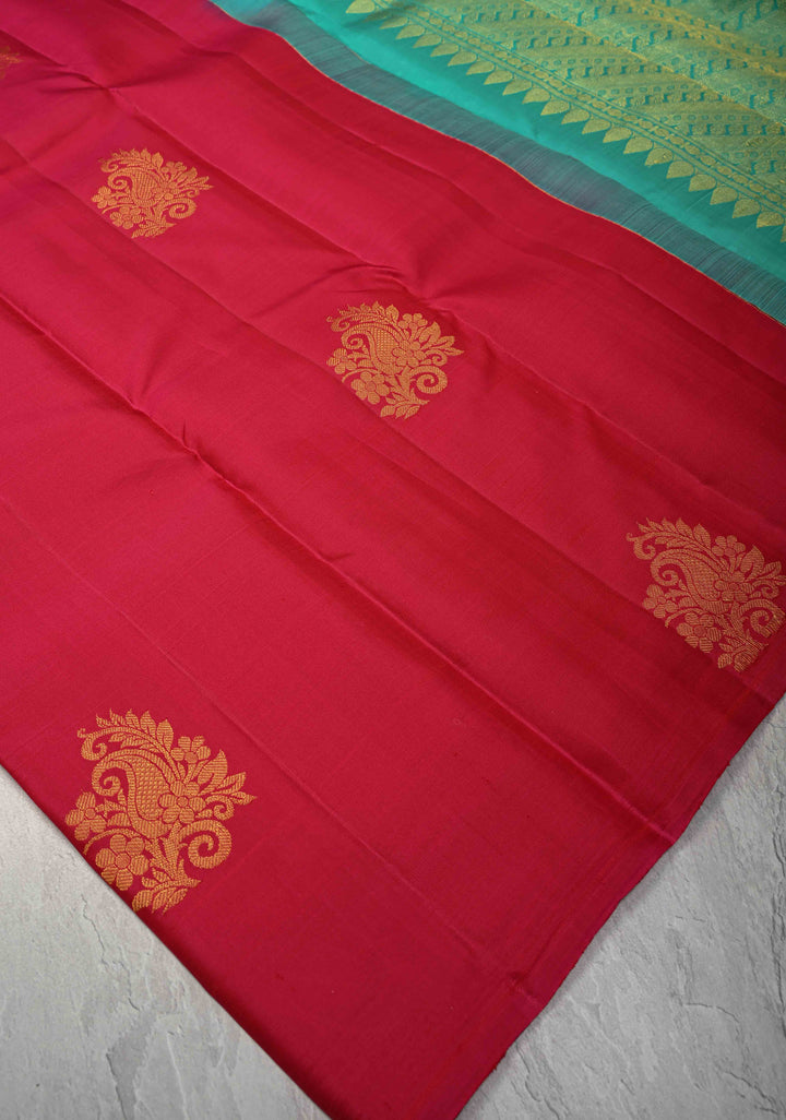 Rani Pink Borderless Kanjivaram Silk Saree with Zari Motifs and Contrast Pallu | SILK MARK CERTIFIED