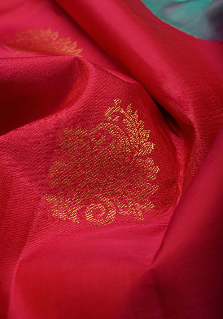 Rani Pink Borderless Kanjivaram Silk Saree with Zari Motifs and Contrast Pallu | SILK MARK CERTIFIED