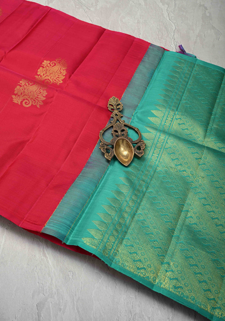 Rani Pink Borderless Kanjivaram Silk Saree with Zari Motifs and Contrast Pallu | SILK MARK CERTIFIED