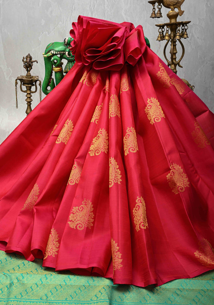 Rani Pink Borderless Kanjivaram Silk Saree with Zari Motifs and Contrast Pallu | SILK MARK CERTIFIED