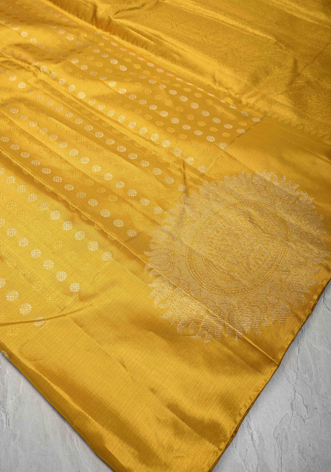 Gold Kanjivaram Tissue Silk Saree with Sona Rupa Buttas and Distinct Mandala Motifs on Border | SILK MARK CERTIFIED