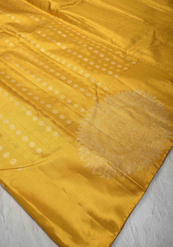Gold Kanjivaram Tissue Silk Saree with Sona Rupa Buttas and Distinct Mandala Motifs on Border | SILK MARK CERTIFIED