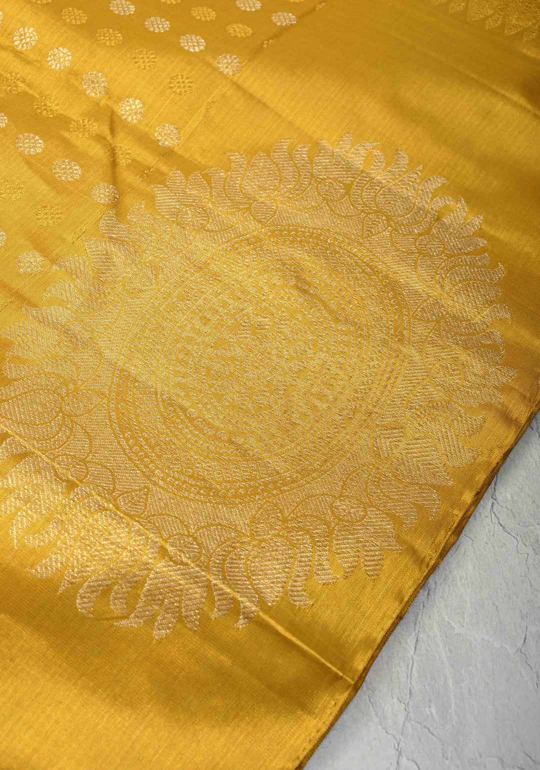 Gold Kanjivaram Tissue Silk Saree with Sona Rupa Buttas and Distinct Mandala Motifs on Border | SILK MARK CERTIFIED