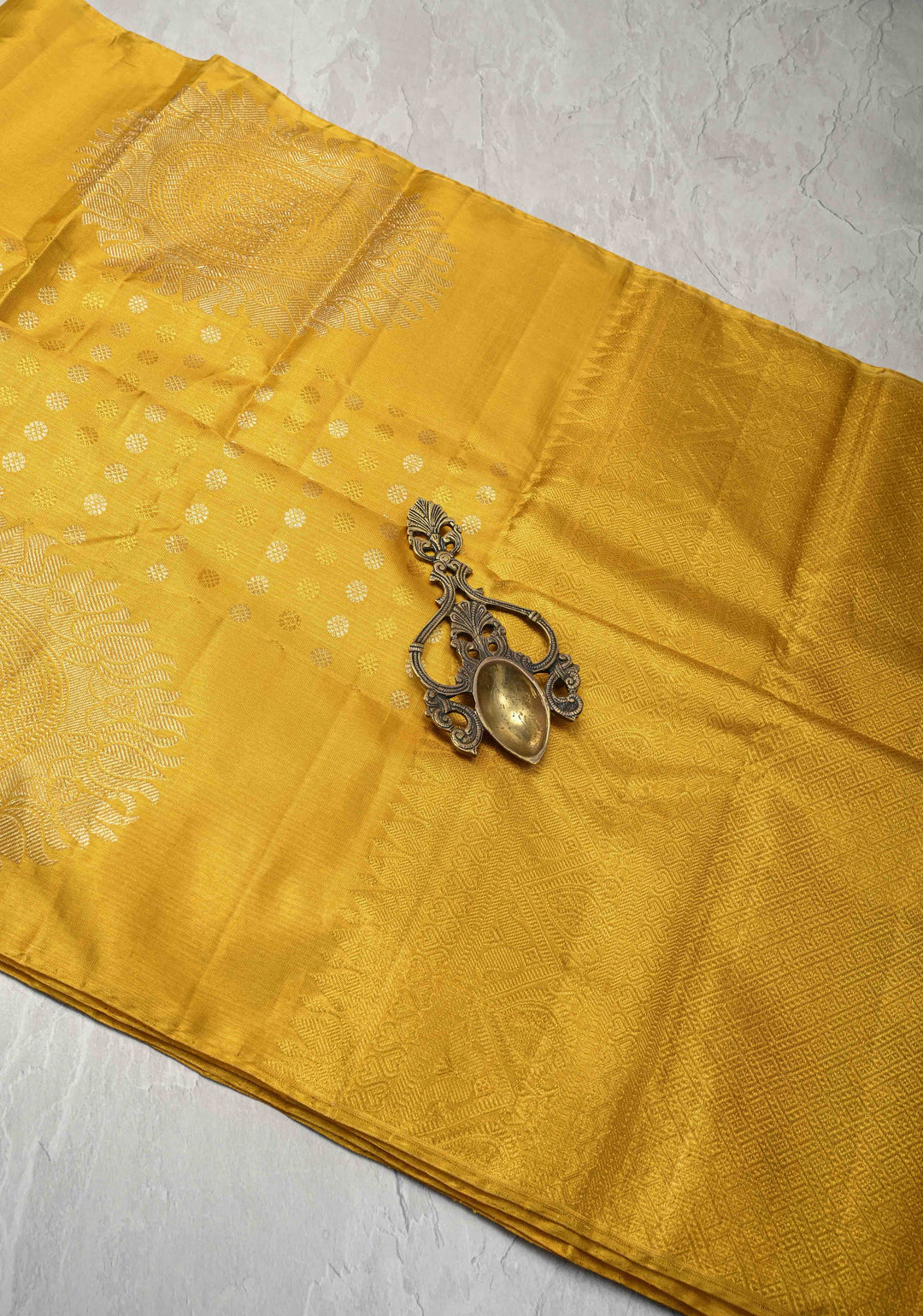 Gold Kanjivaram Tissue Silk Saree with Sona Rupa Buttas and Distinct Mandala Motifs on Border | SILK MARK CERTIFIED
