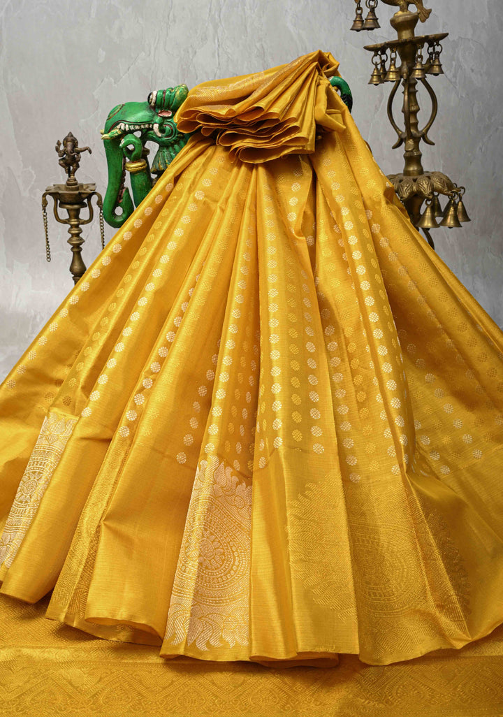 Gold Kanjivaram Tissue Silk Saree with Sona Rupa Buttas and Distinct Mandala Motifs on Border | SILK MARK CERTIFIED