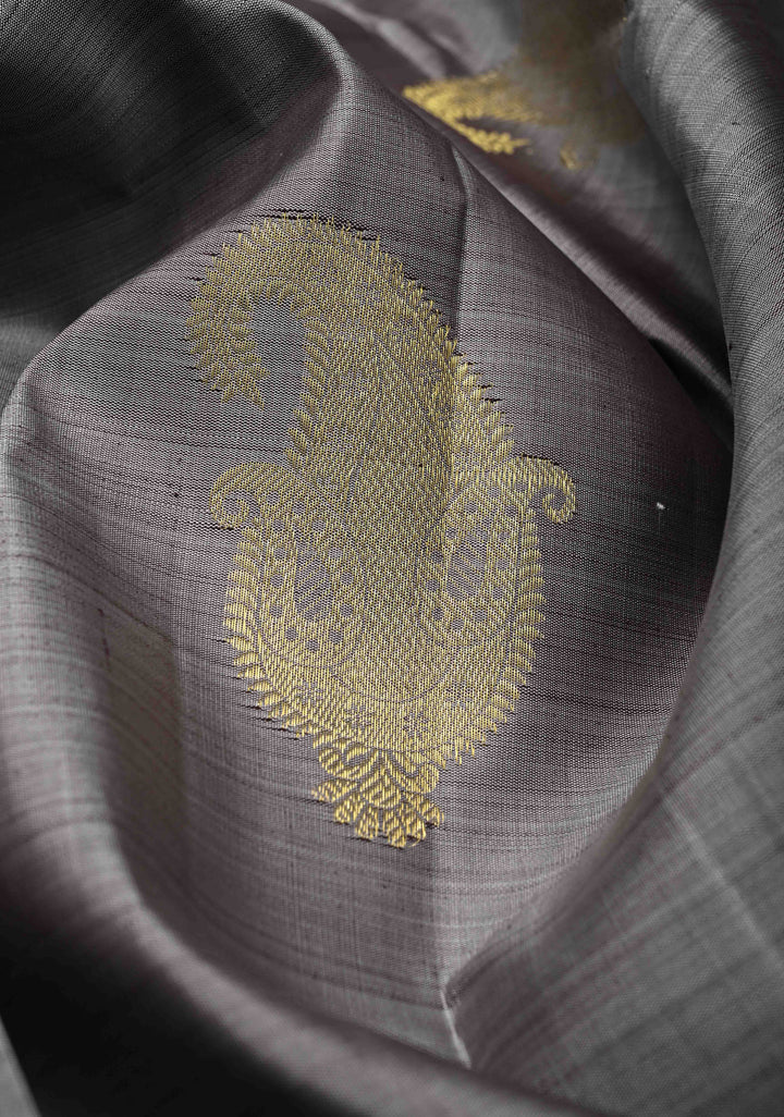 Gray Kanjivaram Silk Saree with Zari Paisley Motifs and Contrast Border | SILK MARK CERTIFIED