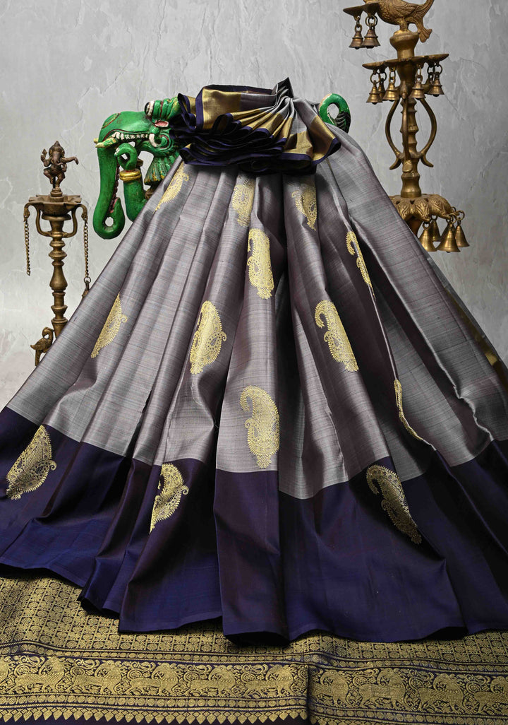 Gray Kanjivaram Silk Saree with Zari Paisley Motifs and Contrast Border | SILK MARK CERTIFIED