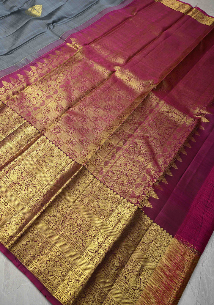 Gray Kanjivaram Silk Saree with Damask Motifs and Contrast Wide Zari Border | SILK MARK CERTIFIED