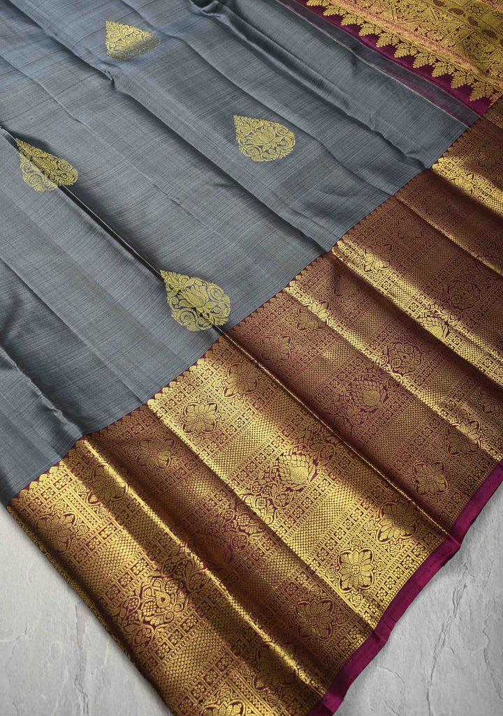 Gray Kanjivaram Silk Saree with Damask Motifs and Contrast Wide Zari Border | SILK MARK CERTIFIED