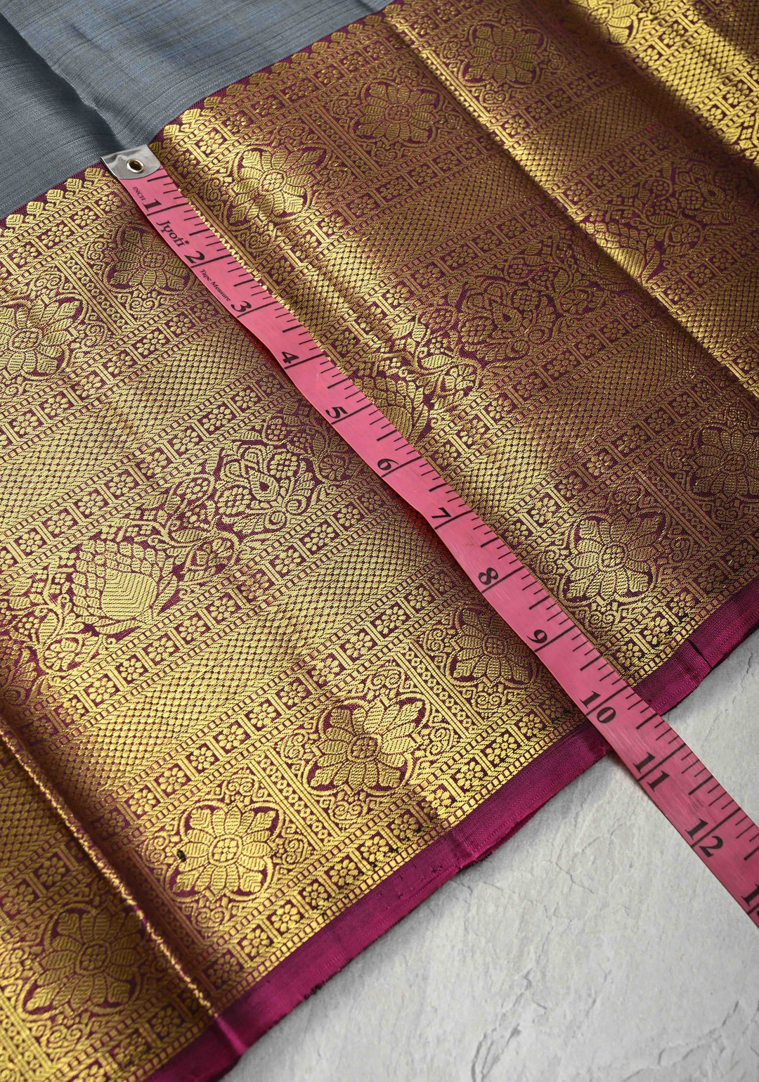 Gray Kanjivaram Silk Saree with Damask Motifs and Contrast Wide Zari Border | SILK MARK CERTIFIED