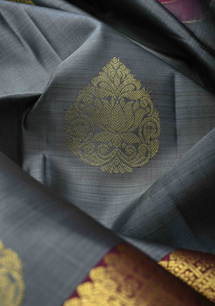 Gray Kanjivaram Silk Saree with Damask Motifs and Contrast Wide Zari Border | SILK MARK CERTIFIED