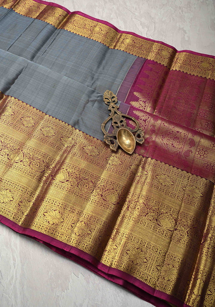 Gray Kanjivaram Silk Saree with Damask Motifs and Contrast Wide Zari Border | SILK MARK CERTIFIED