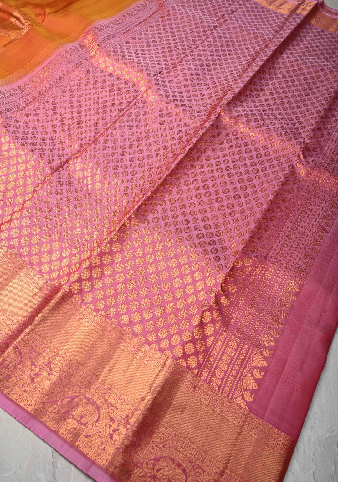 Mustard Orange Dual tone Kanjivaram Pure Silk Saree with Paisley Buttas and Contrast Zari Border | SILK MARK CERTIFIED
