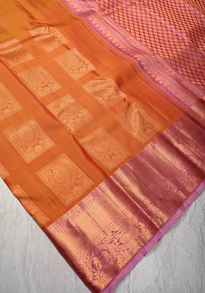 Mustard Orange Dual tone Kanjivaram Pure Silk Saree with Paisley Buttas and Contrast Zari Border | SILK MARK CERTIFIED