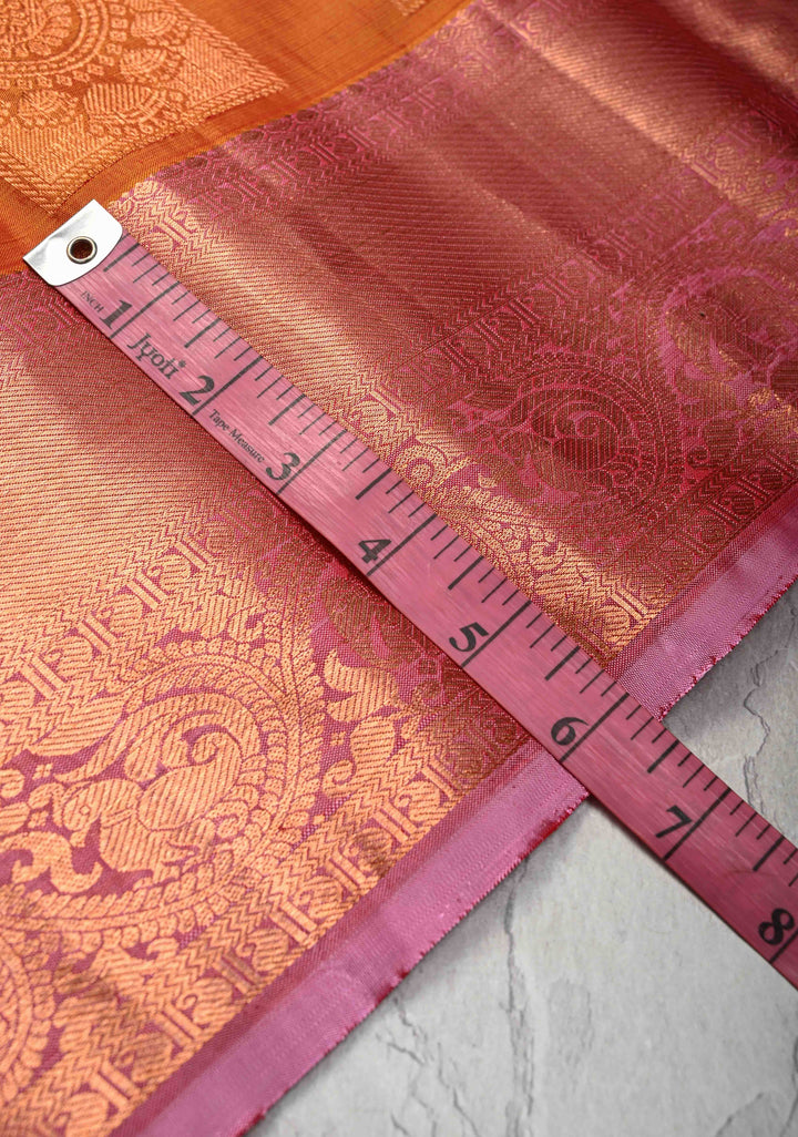 Mustard Orange Dual tone Kanjivaram Pure Silk Saree with Paisley Buttas and Contrast Zari Border | SILK MARK CERTIFIED