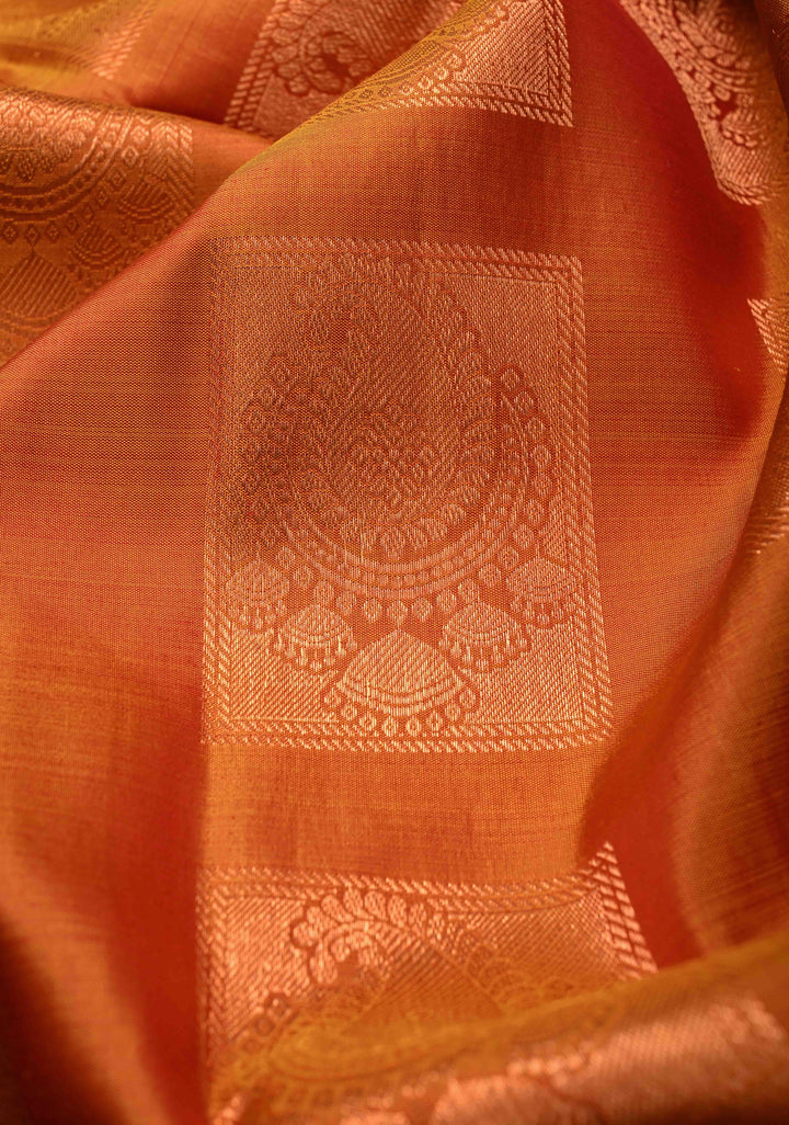 Mustard Orange Dual tone Kanjivaram Pure Silk Saree with Paisley Buttas and Contrast Zari Border | SILK MARK CERTIFIED