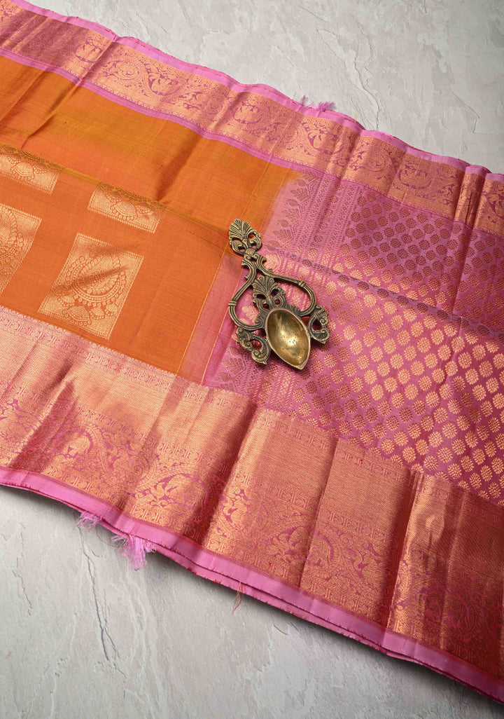 Mustard Orange Dual tone Kanjivaram Pure Silk Saree with Paisley Buttas and Contrast Zari Border | SILK MARK CERTIFIED