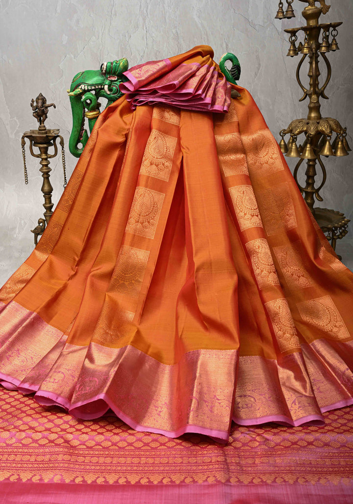 Mustard Orange Dual tone Kanjivaram Pure Silk Saree with Paisley Buttas and Contrast Zari Border | SILK MARK CERTIFIED