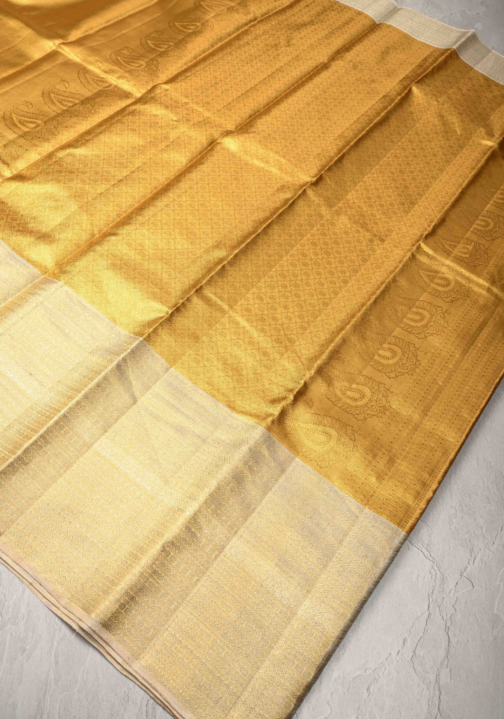 Gold Kora Tissue Brocade Kanjivaram Pure Silk Saree with Silver Zari Border | SILK MARK CERTIFIED