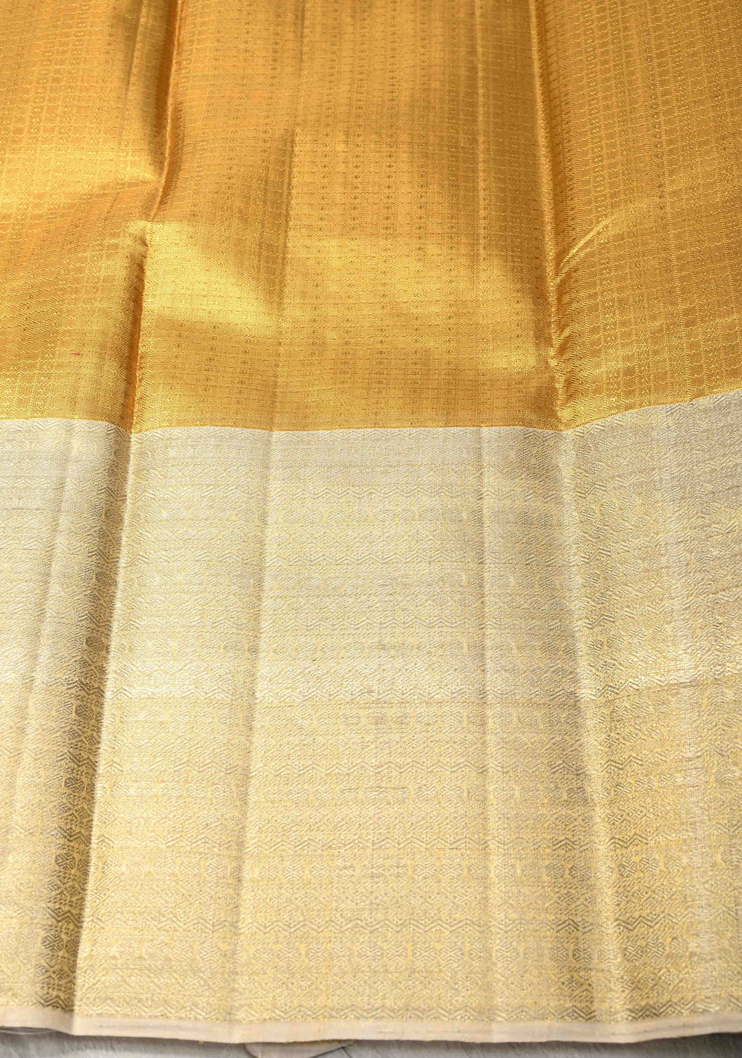 Gold Kora Tissue Brocade Kanjivaram Pure Silk Saree with Silver Zari Border | SILK MARK CERTIFIED