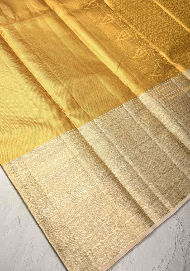 Gold Kora Tissue Brocade Kanjivaram Pure Silk Saree with Silver Zari Border | SILK MARK CERTIFIED