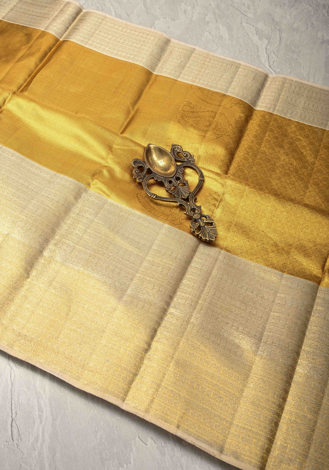 Gold Kora Tissue Brocade Kanjivaram Pure Silk Saree with Silver Zari Border | SILK MARK CERTIFIED