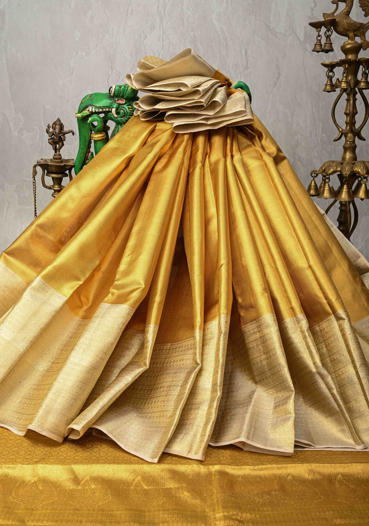 Gold Kora Tissue Brocade Kanjivaram Pure Silk Saree with Silver Zari Border | SILK MARK CERTIFIED
