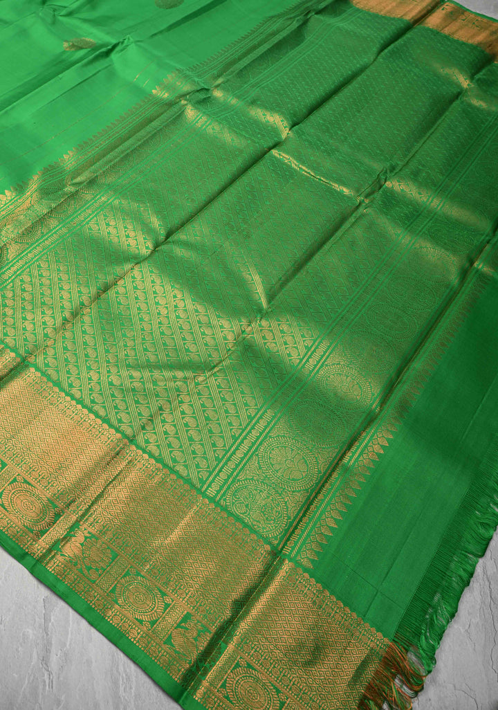 Green Kanjivaram Silk Saree with Peacock Motifs and zari Border | SILK MARK CERTIFIED