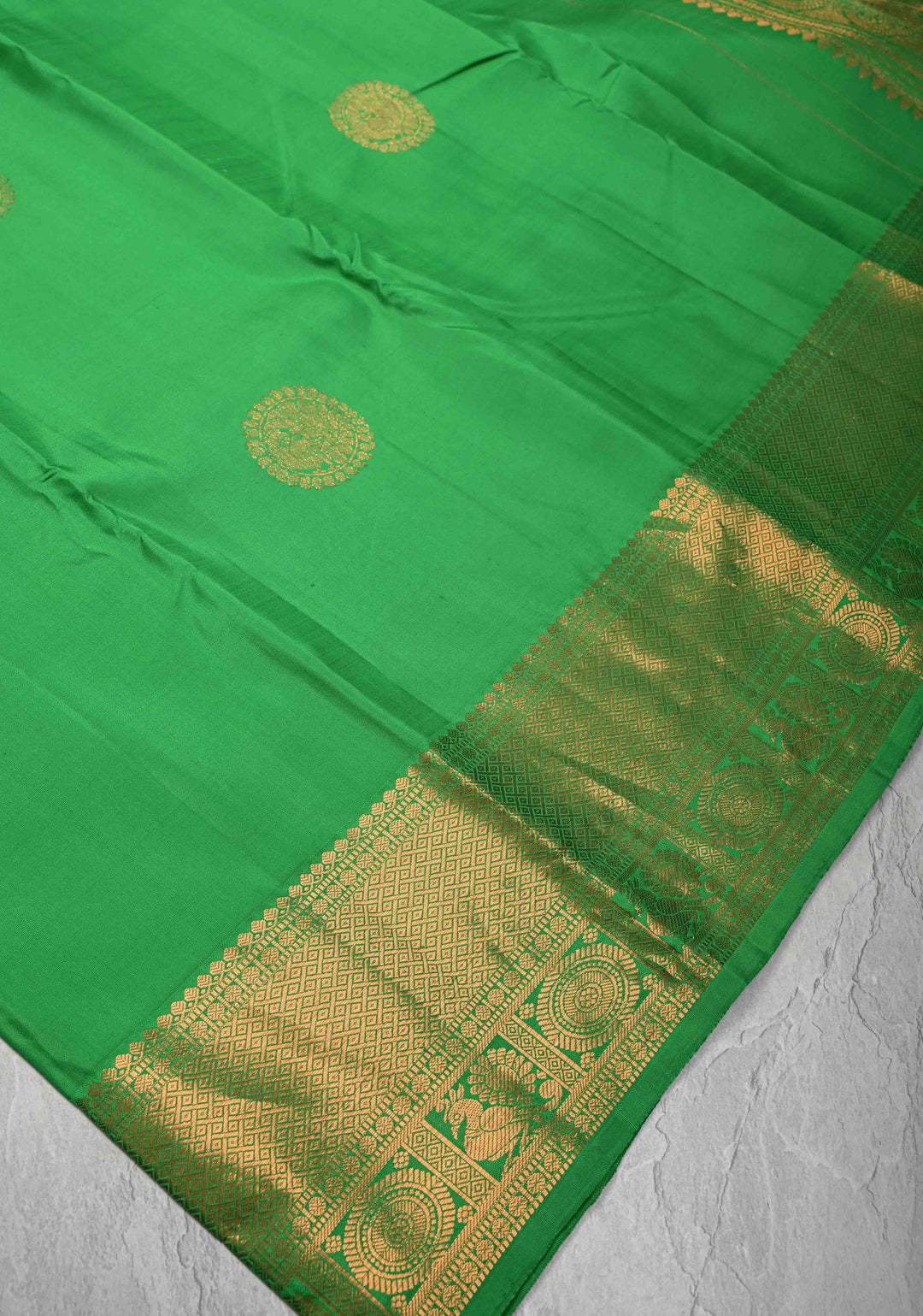 Green Kanjivaram Silk Saree with Peacock Motifs and zari Border | SILK MARK CERTIFIED
