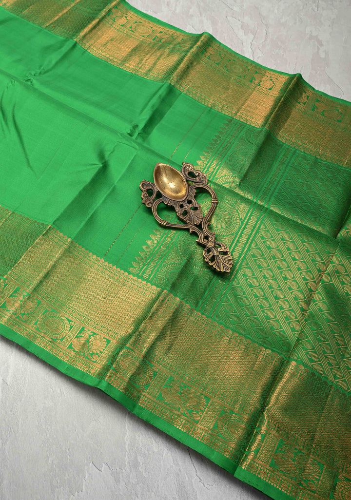 Green Kanjivaram Silk Saree with Peacock Motifs and zari Border | SILK MARK CERTIFIED