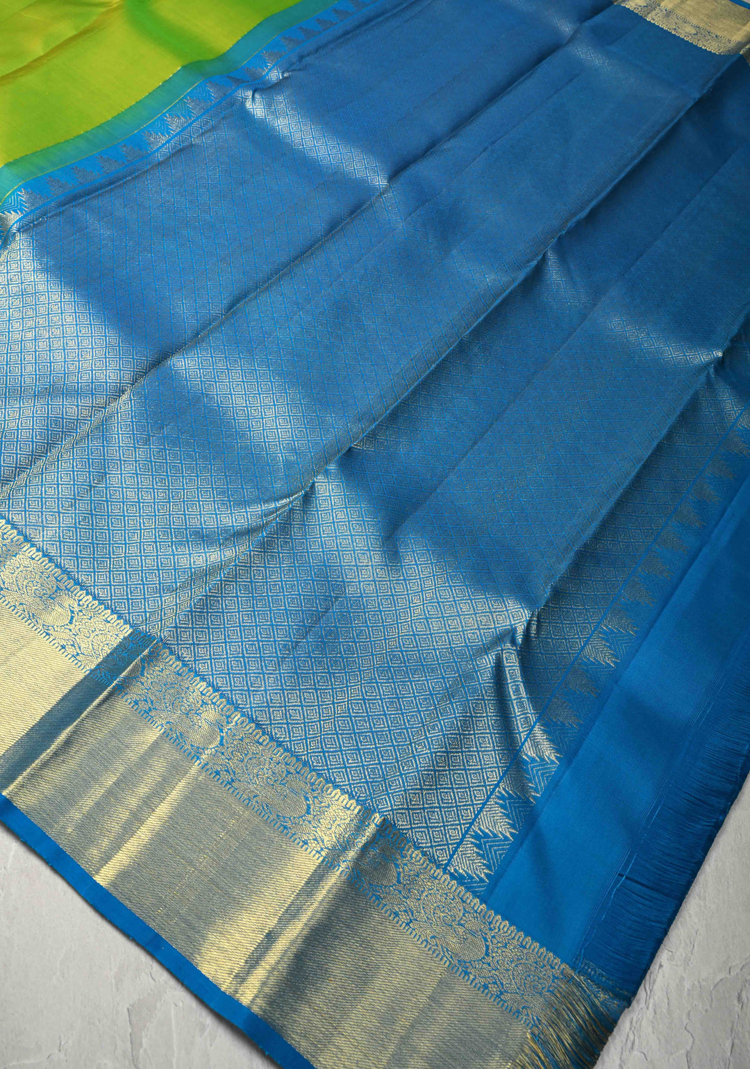 Chartreuse Kanjivaram Silk Saree with Gold-Sliver Buttas and Zari Border | SILK MARK CERTIFIED