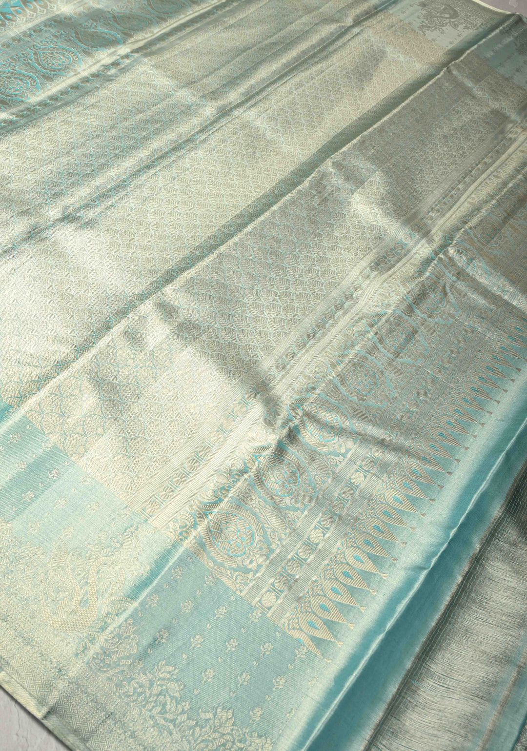 Aqua Blue Kanjivaram Pure Silk Tissue Saree with Meenakari Brocade Jaal and Zari Border | SILK MARK CERTIFIED