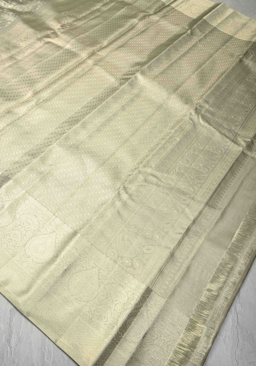 Sage Green Meenakari on Kanjivaram Tissue Silk Saree with Geometric Self Brocade and Zari Border | SILK MARK CERTIFIED