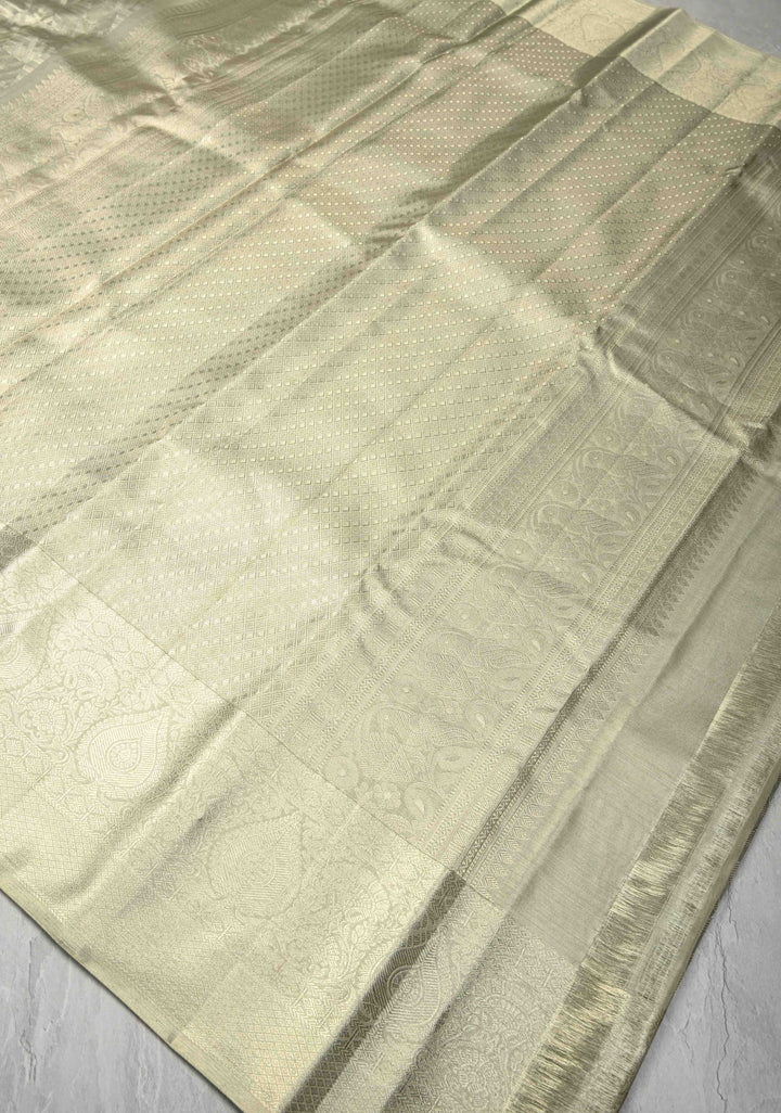 Sage Green Meenakari on Kanjivaram Tissue Silk Saree with Geometric Self Brocade and Zari Border | SILK MARK CERTIFIED