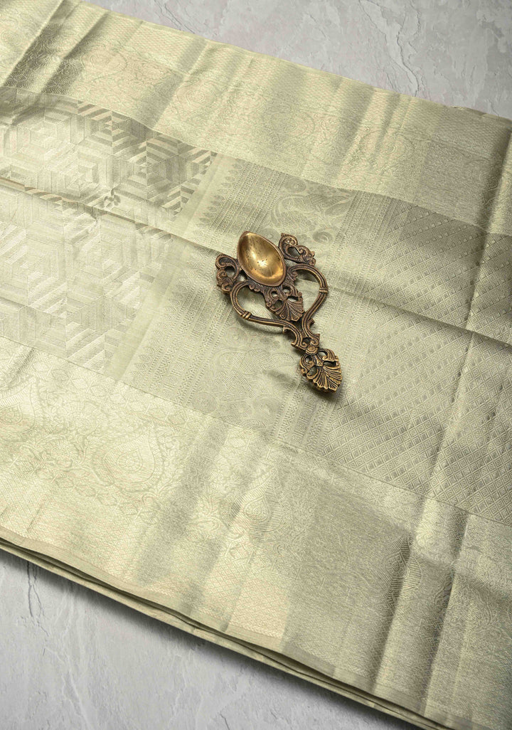 Sage Green Meenakari on Kanjivaram Tissue Silk Saree with Geometric Self Brocade and Zari Border | SILK MARK CERTIFIED