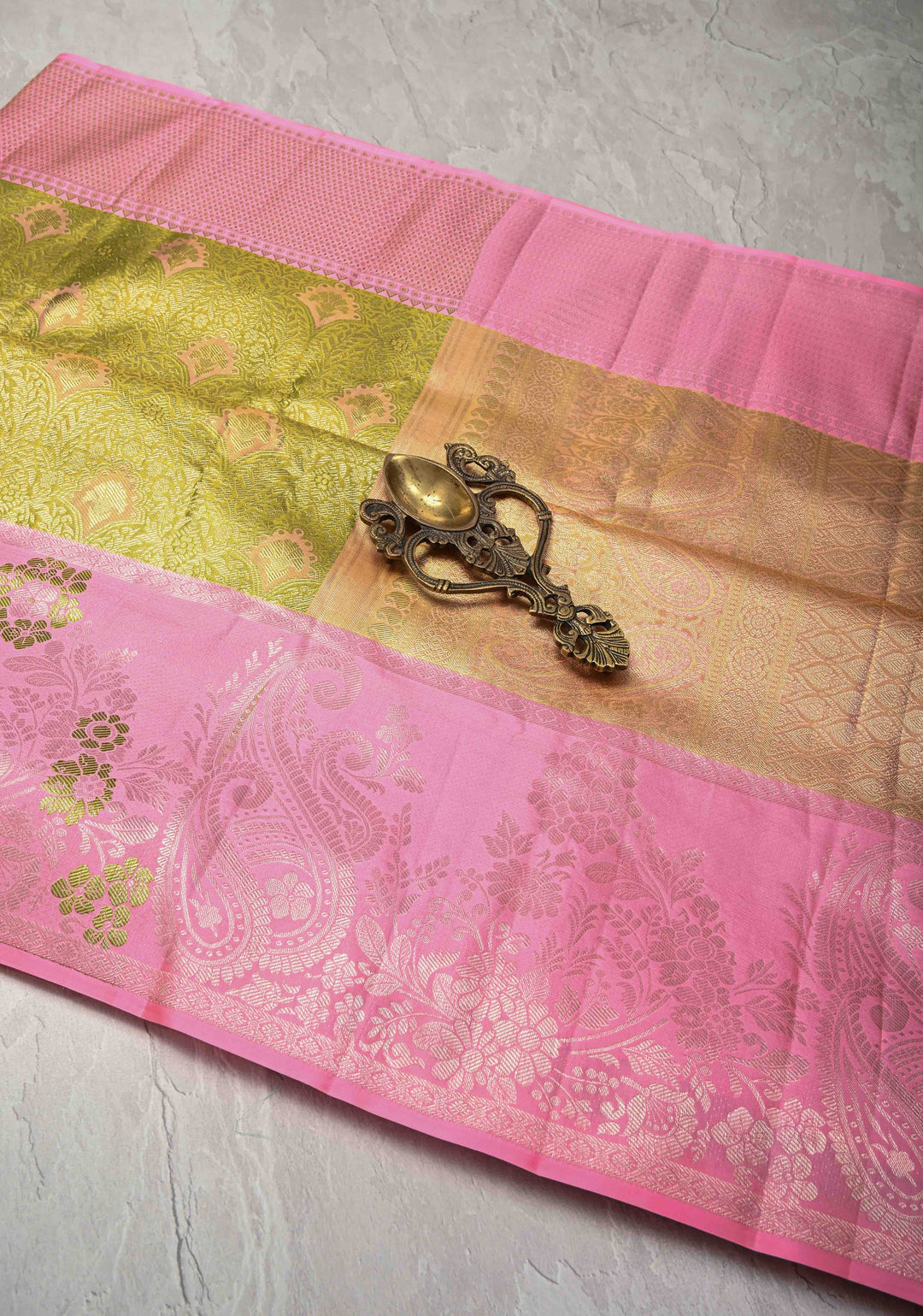 Olive Green Meenakari on Tissue Kanjivaram Silk Saree with Floral Brocade Jaal and Contrast Zari Border | SILK MARK CERTIFIED