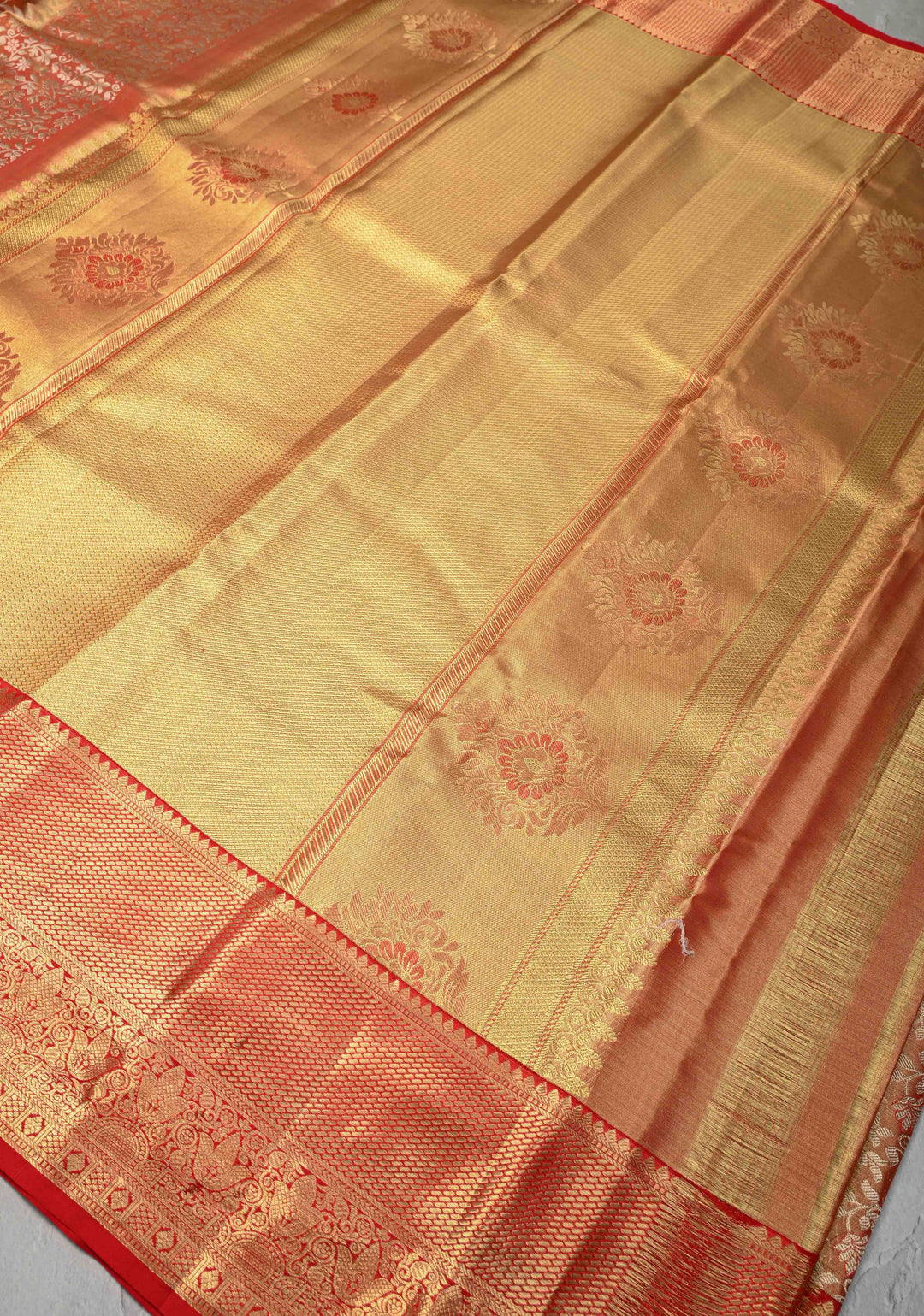 Red Tissue Kanjivaram Silk Saree with Meenakari Floral Brocade and Zari Border | SILK MARK CERTIFIED