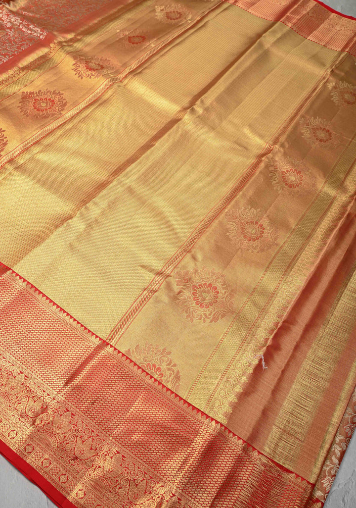 Red Tissue Kanjivaram Silk Saree with Meenakari Floral Brocade and Zari Border | SILK MARK CERTIFIED