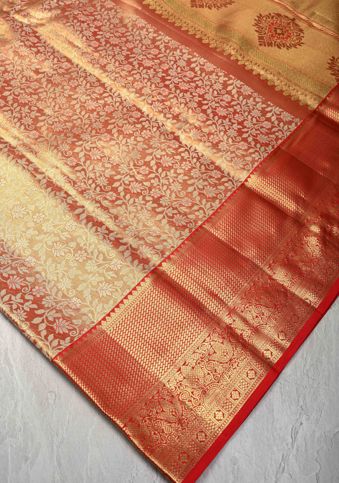 Red Tissue Kanjivaram Silk Saree with Meenakari Floral Brocade and Zari Border | SILK MARK CERTIFIED