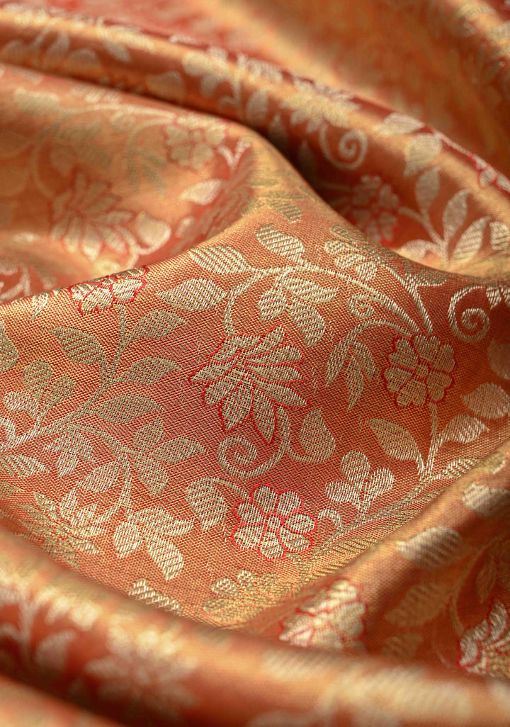 Red Tissue Kanjivaram Silk Saree with Meenakari Floral Brocade and Zari Border | SILK MARK CERTIFIED