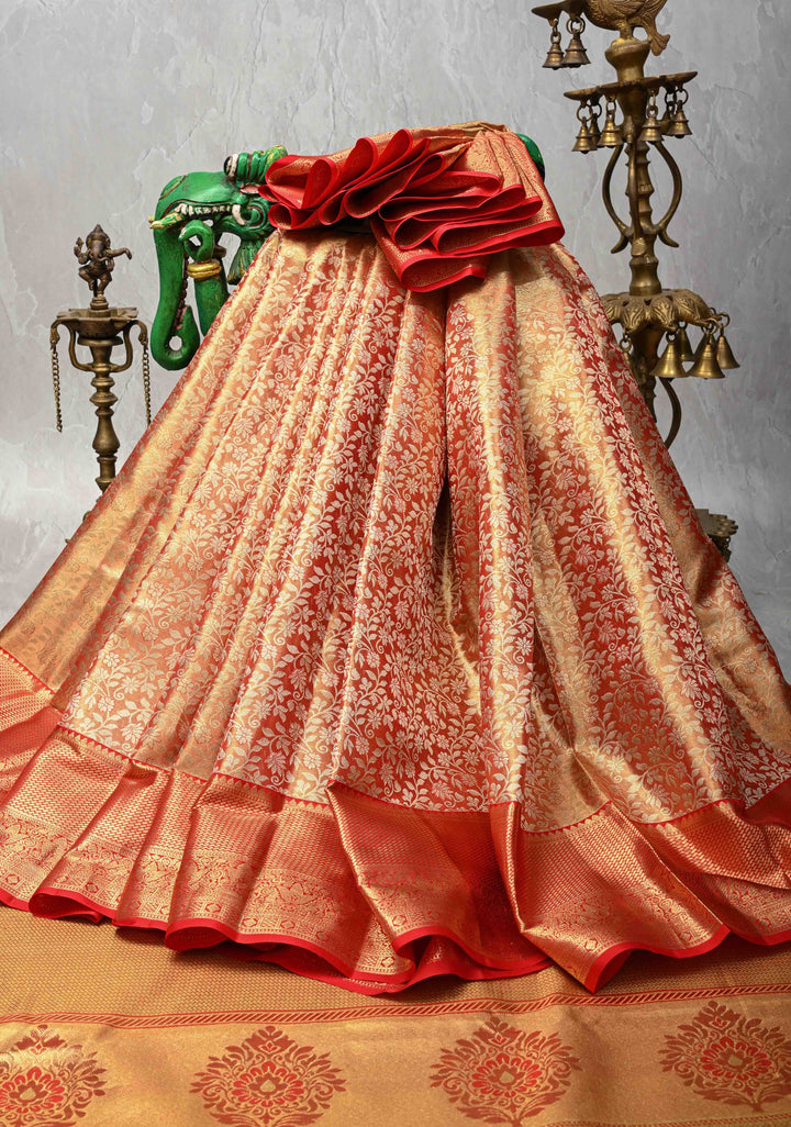 Red Tissue Kanjivaram Silk Saree with Meenakari Floral Brocade and Zari Border | SILK MARK CERTIFIED