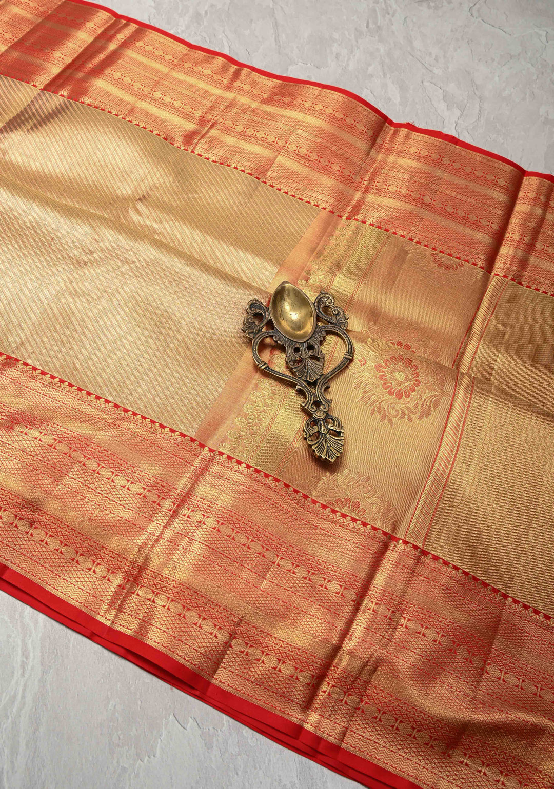 Dusty Gold Kanjivaram Tissue Silk Saree with Zari Brocade and Contrast Zari Border | SILK MARK CERTIFIED