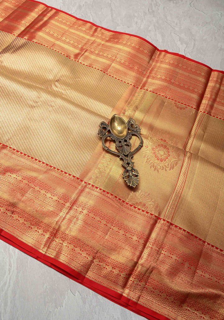 Dusty Gold Kanjivaram Tissue Silk Saree with Zari Brocade and Contrast Zari Border | SILK MARK CERTIFIED