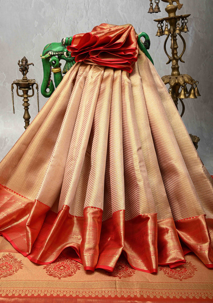 Dusty Gold Kanjivaram Tissue Silk Saree with Zari Brocade and Contrast Zari Border | SILK MARK CERTIFIED