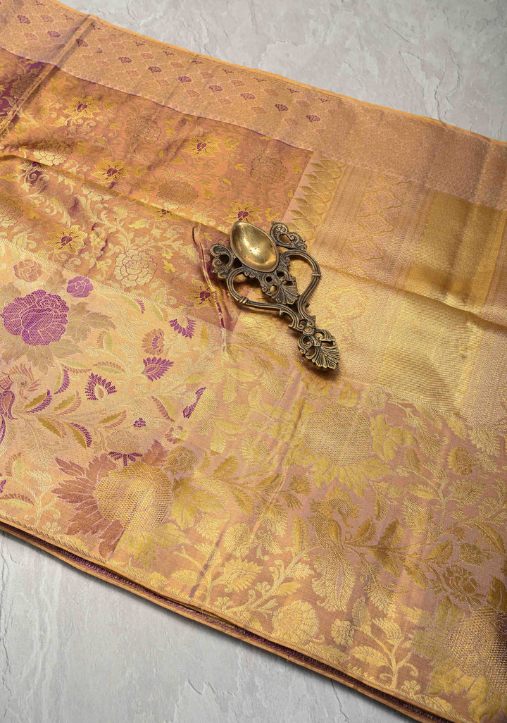 Purple Meenakari on Tissue Kanjivaram Handloom Silk Saree with Floral Jaal Brocade and Parsi Gara Border | SILK MARK CERTIFIED