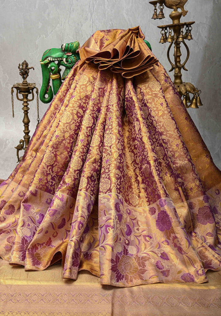Purple Meenakari on Tissue Kanjivaram Handloom Silk Saree with Floral Jaal Brocade and Parsi Gara Border | SILK MARK CERTIFIED