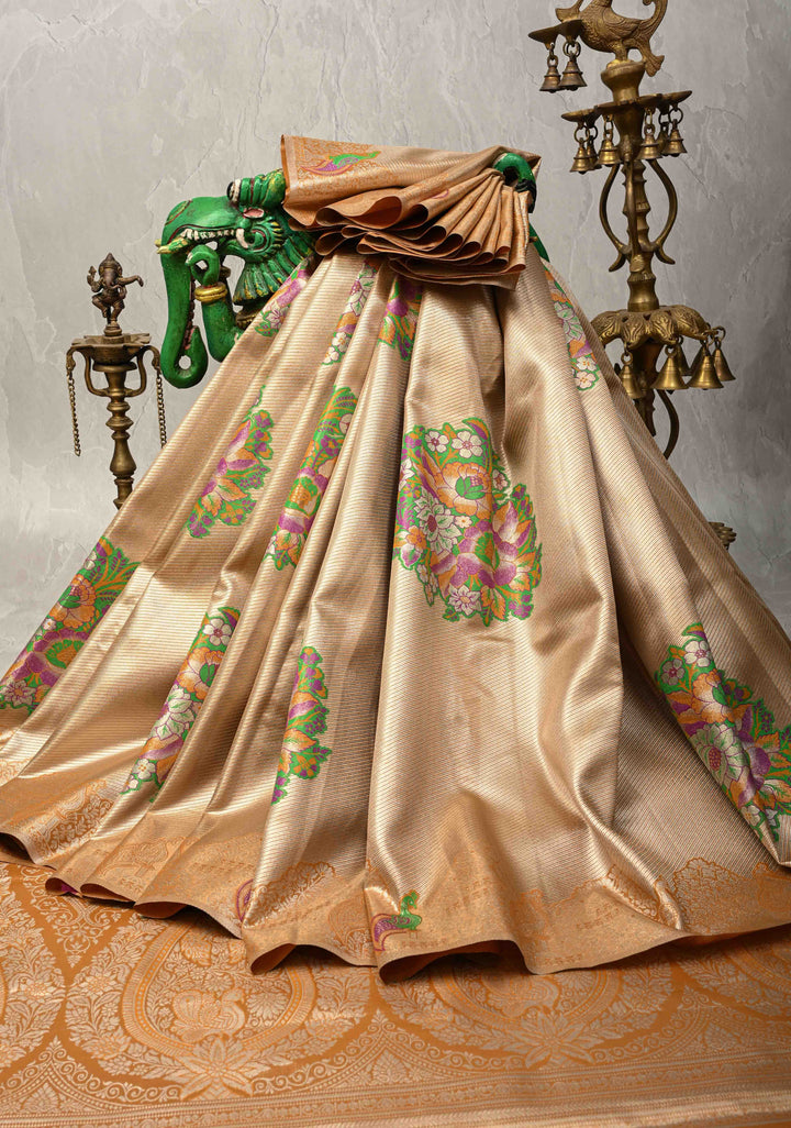Gold-Mustard Kanjivaram Tissue Semi Silk Saree with Meenakari Buttas and Peacock Zari Border